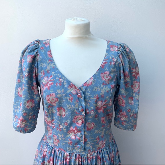 Vintage Laura Ashley Size 14 Cotton Tea Dress Button Front Blue Cornflower Pink - Picture 2 of 13